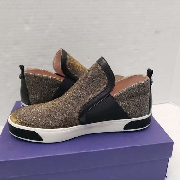 New Stuart Weitzman Shoes Sneakers Metallic Gold Silver Black Flat Slip 9.5 - Picture 3 of 16